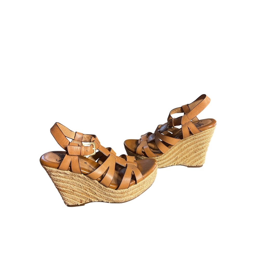 Söfft Leather Espadrille Wedge Sandals Tan Strappy Buckle‎ Casual Shoes
